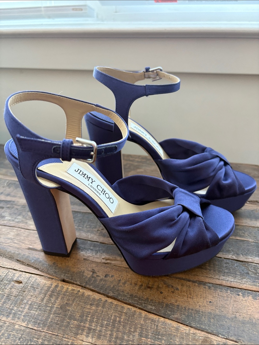 Jimmy Choo Purple Satin Knotted Platform Sandals